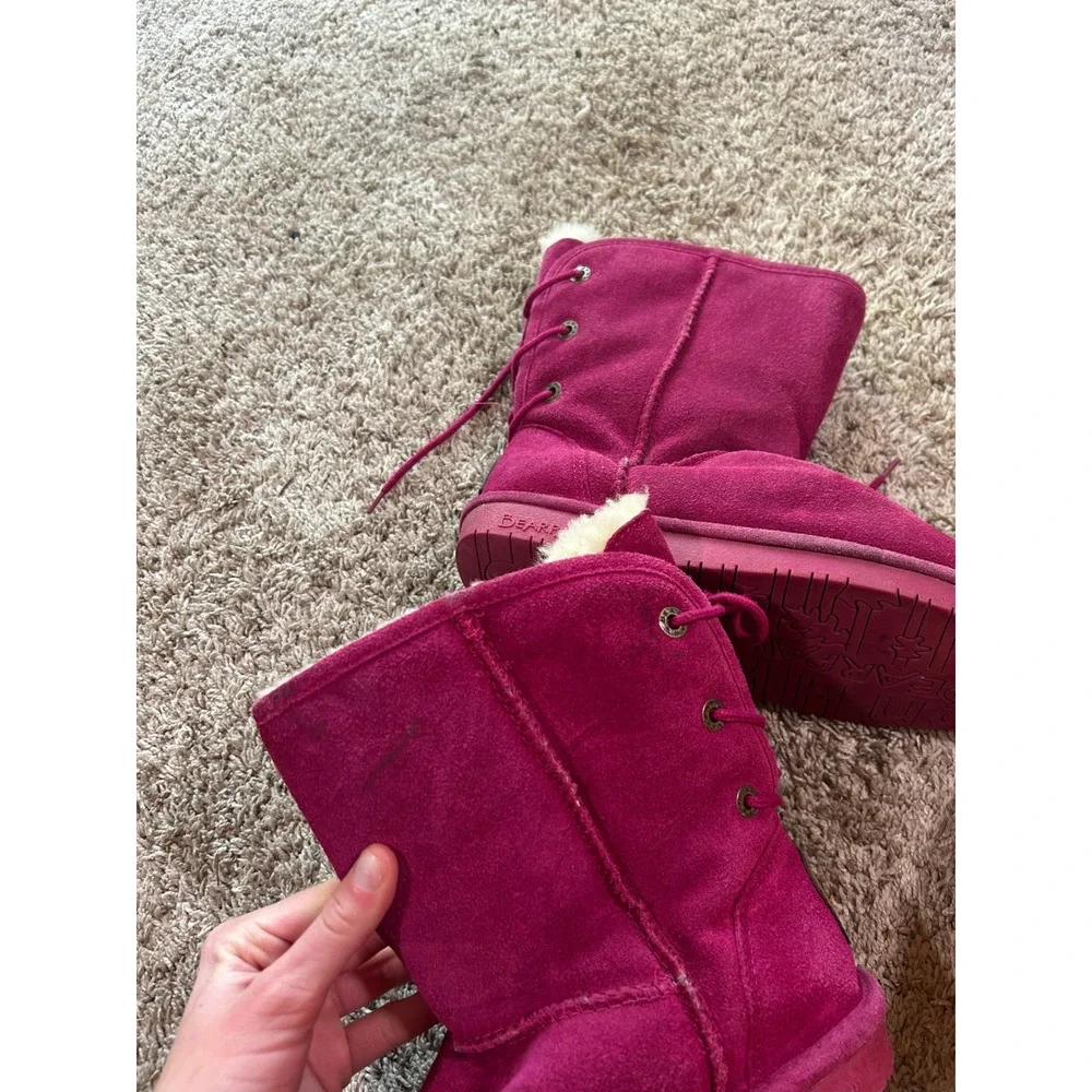 Bearpaw Pink Magenta Suede Sheepskin Wool Blend Boots Womens 7 Lace Up Boho